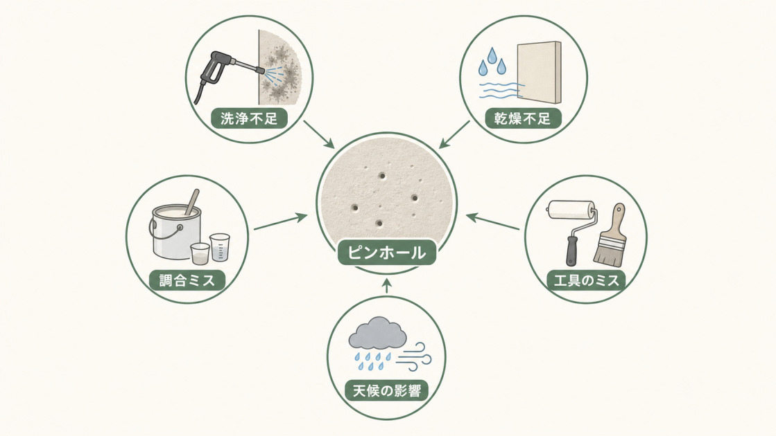 洗浄不足や乾燥不足、調合ミス、工具のミス、天候の影響がピンホールにつながることを示した図解