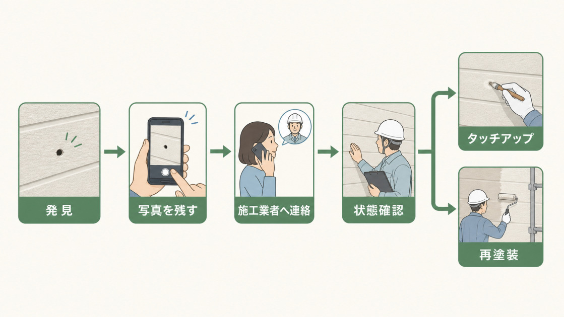 ピンホールを発見したあと写真を残し、施工業者へ連絡して状態確認を受け、タッチアップまたは再塗装へ進む流れを示した図解