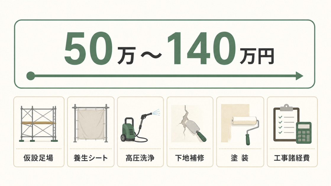 30坪の外壁塗装の費用相場50万〜140万円と、仮設足場・養生シート・高圧洗浄・下地補修・塗装・工事諸経費の内訳を示した図解