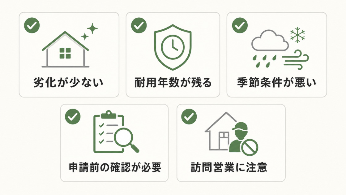 外壁の劣化が少ない、塗料の耐用年数が残る、季節条件が悪い、申請前の確認が必要、訪問営業に注意が必要という確認ポイントを示した図解