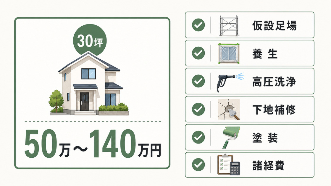 30坪の外壁塗装費用相場50万〜140万円と、仮設足場・養生・高圧洗浄・下地補修・塗装・諸経費の内訳を示した図