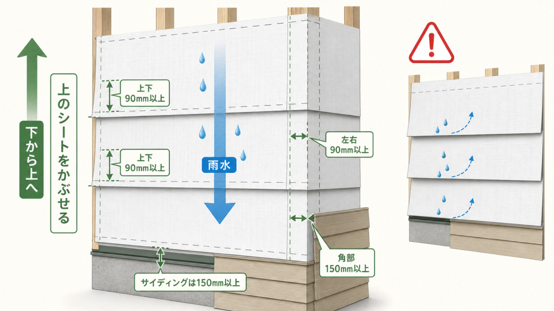 外壁防水で透湿防水シートを下から上へ張り、上下左右や角部の重ね代を確保する目安を示した図解