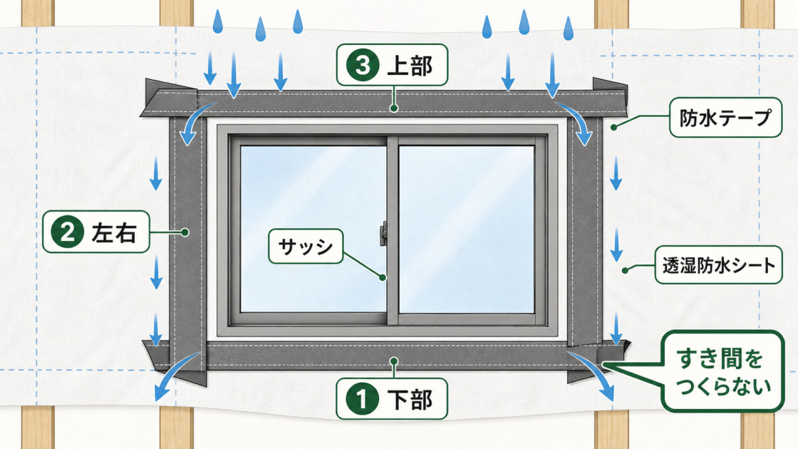 外壁防水でサッシまわりの防水テープを下部、左右、上部の順に貼る流れを示した図解