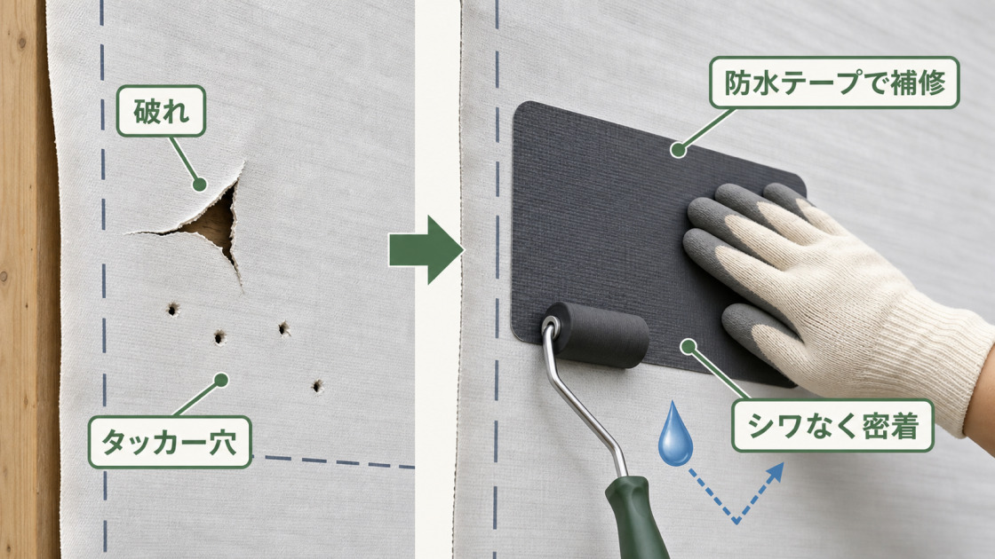 外壁防水の施工中に透湿防水シートが破れたりタッカー穴ができたりした場合に防水テープで補修する方法を示した図解