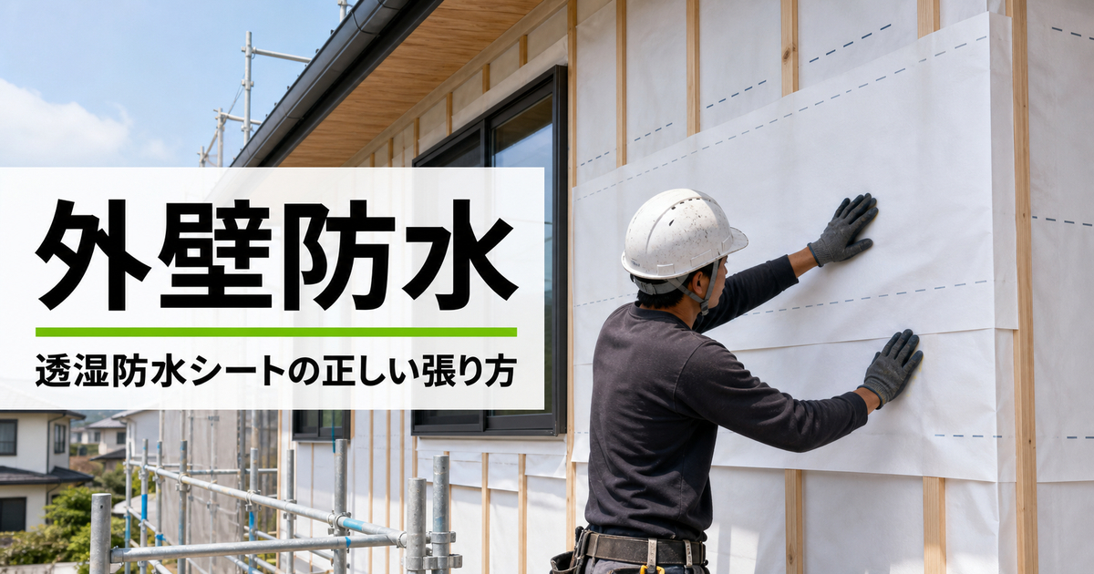 透湿防水シートを外壁に施工する作業員と「外壁防水」の文字が入ったサムネイル画像
