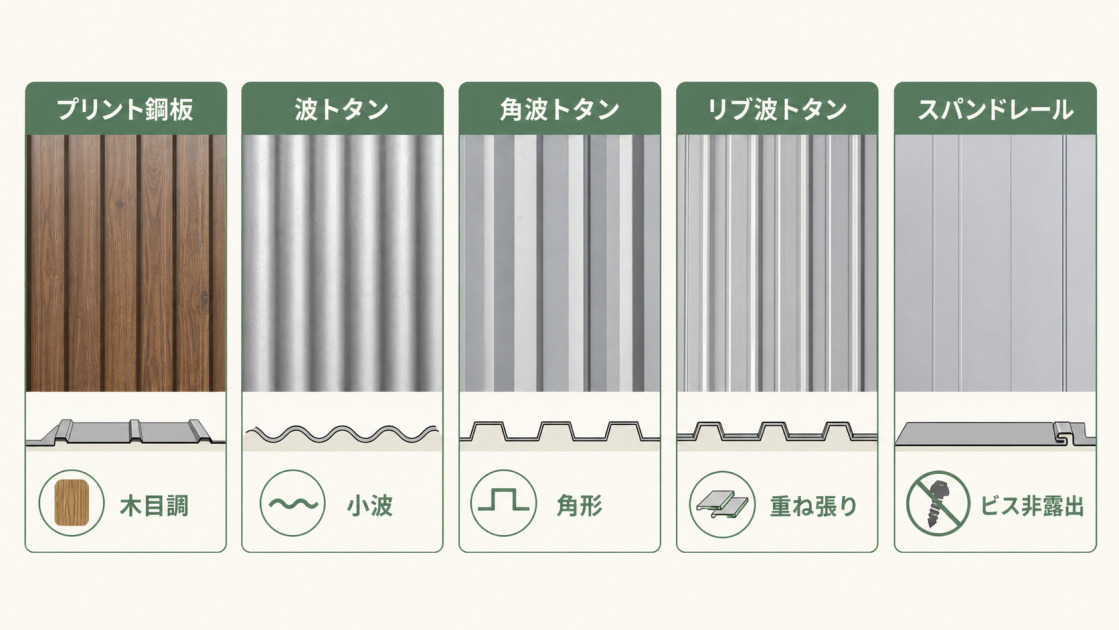 プリント鋼板、波トタン、角波トタン、リブ波トタン、スパンドレールの形状と特徴を比較した図