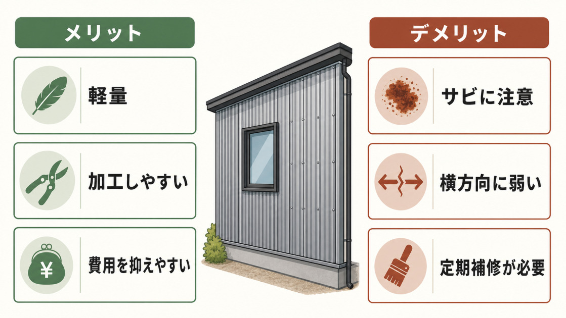 波板トタン外壁の軽量・加工性・費用面のメリットとサビ・横方向の弱さ・定期補修の注意点を示した図