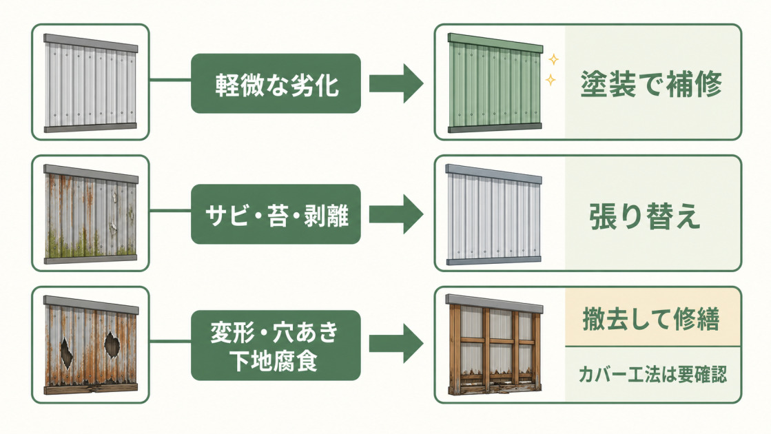 波板トタン外壁の劣化症状ごとに塗装、部分補修、張り替え、撤去修繕を判断する流れを示した図