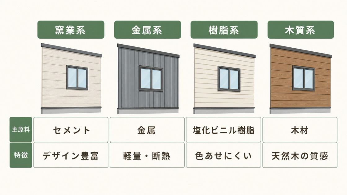 窯業系・金属系・樹脂系・木質系サイディングの主原料と特徴を比較した図解
