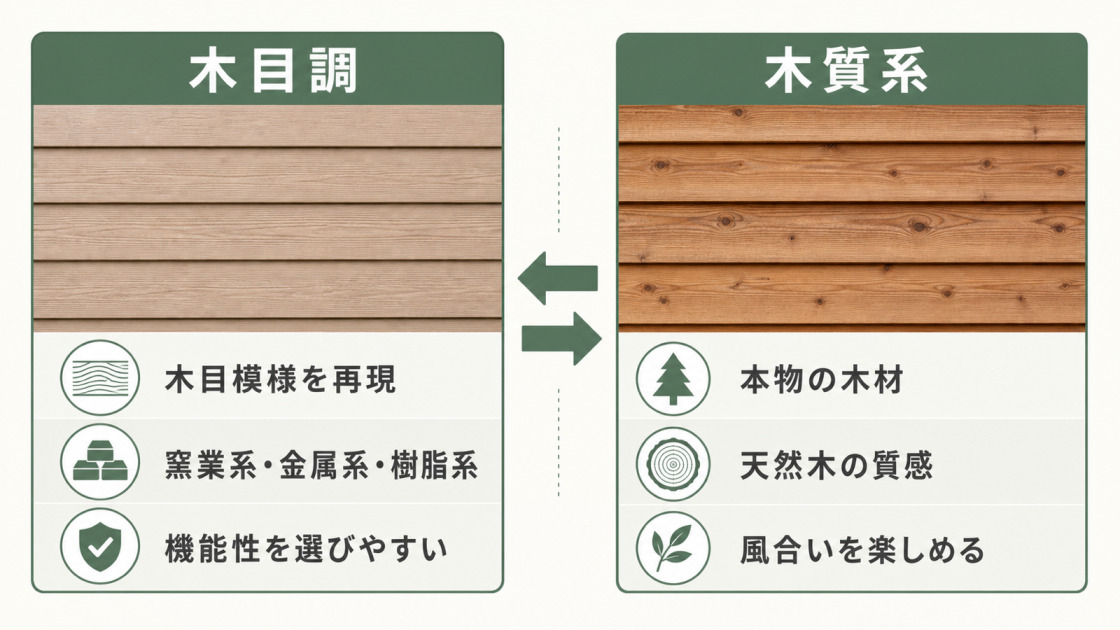 木目模様を再現した木目調サイディングと本物の木材を使う木質系サイディングの違いを示した図解