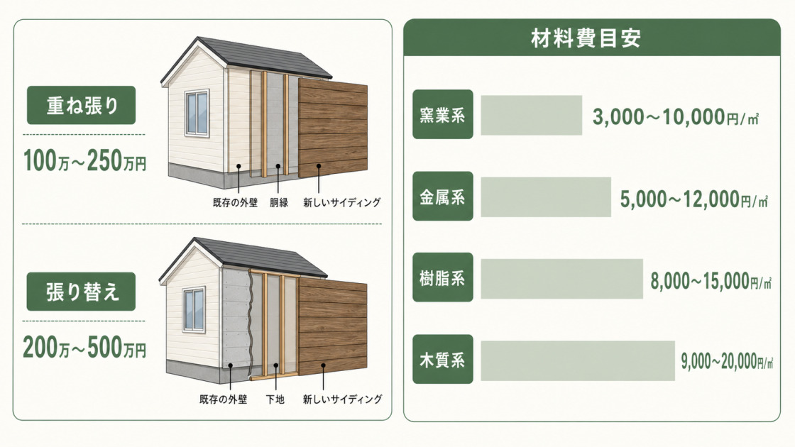 木目調サイディングの重ね張りと張り替えの費用相場、種類別の材料費目安をまとめた図解