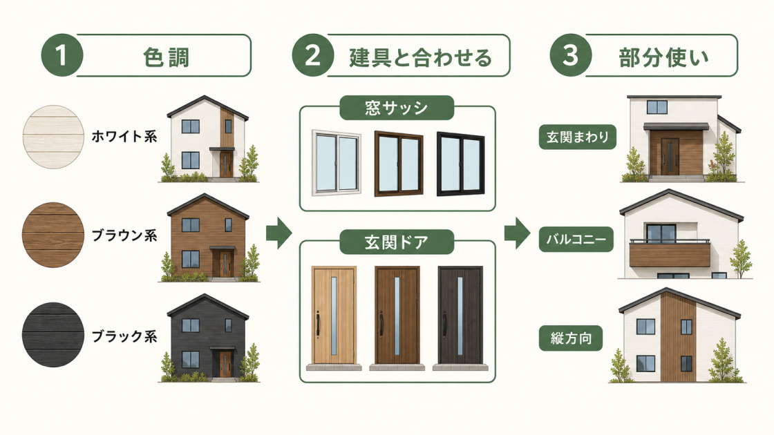 木目調サイディングを色調、建具との相性、部分使いで選ぶ流れを示した図解