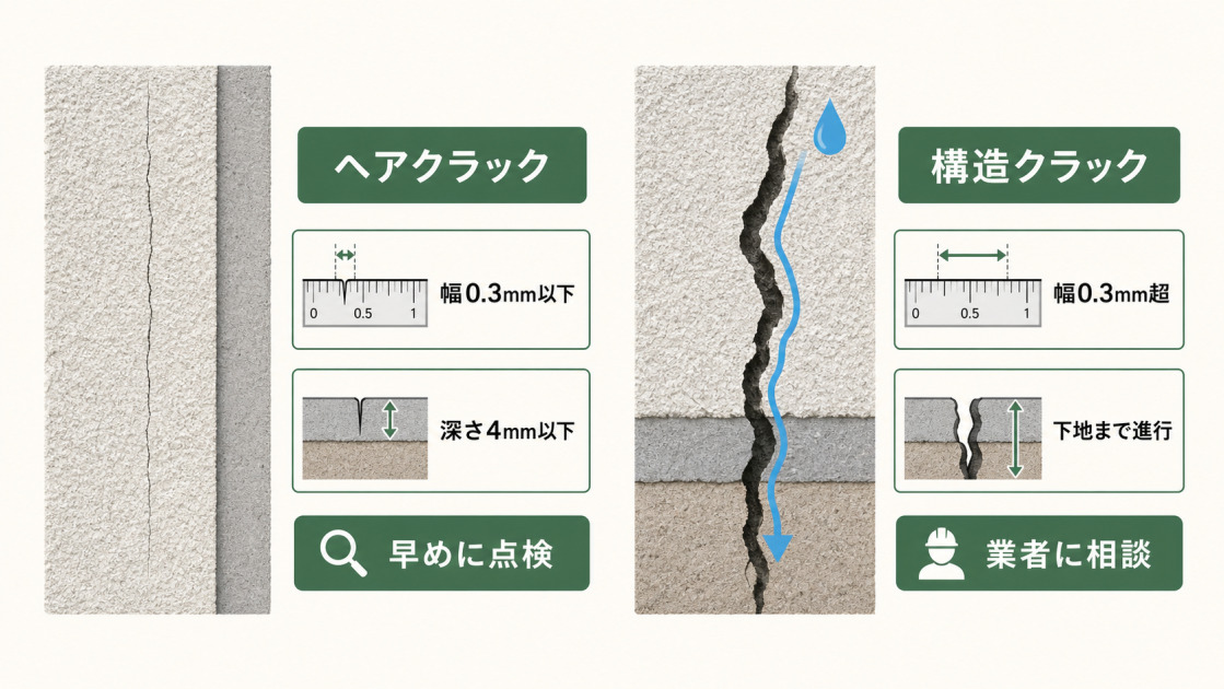 ヘアクラックと構造クラックを幅0.3mmや深さ4mmの目安、下地への進行、業者相談の必要性で比較した図解