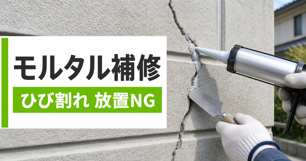 モルタル外壁のひび割れ補修作業の様子