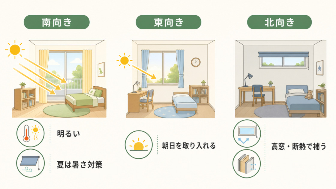 南向き・東向き・北向きの子供部屋の特徴と暑さ・採光対策を比較した図解