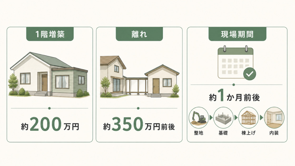 子供部屋を1階に増築する場合と離れにする場合の費用、現場期間の目安を示した図解