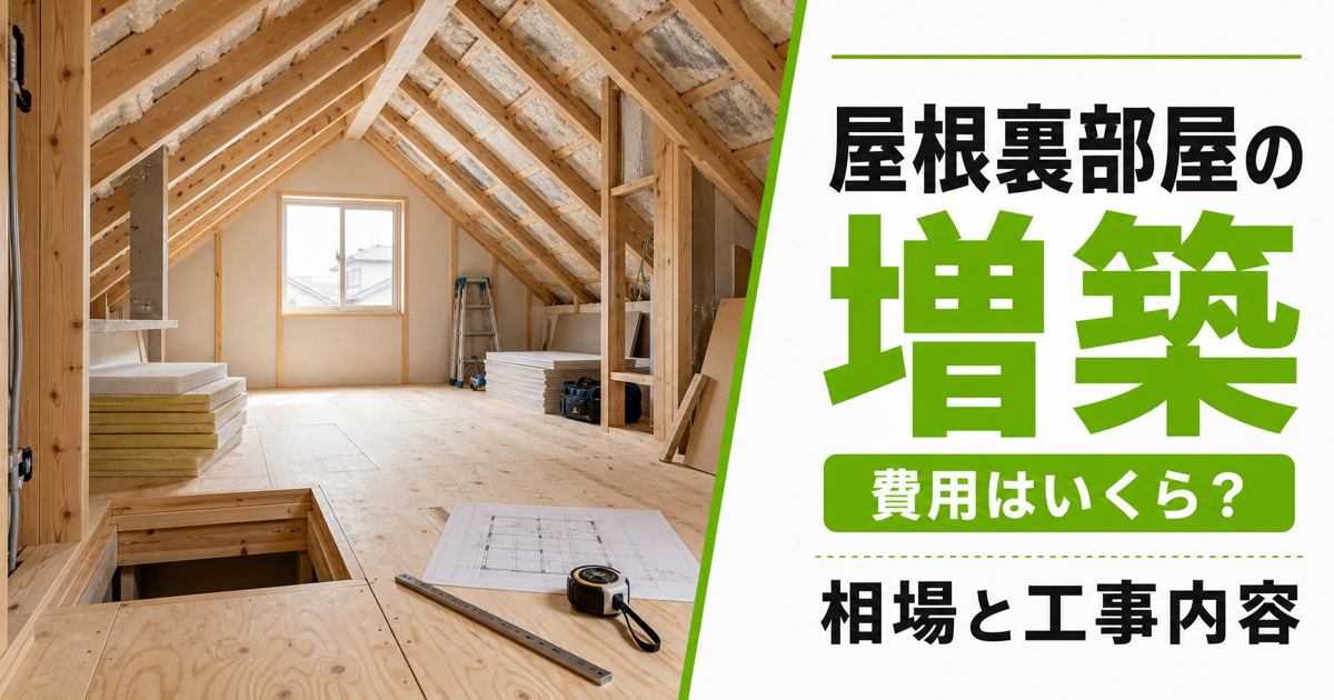 施工中の屋根裏部屋と、増築費用や工事内容を案内するサムネイル画像