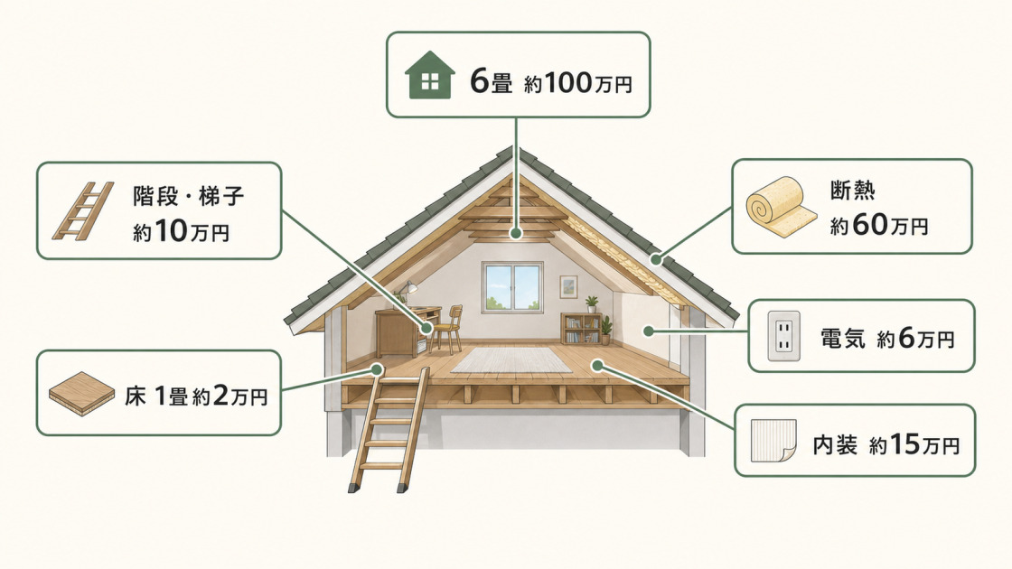 6畳約100万円を目安に、階段・床・断熱・電気・内装の費用を整理した屋根裏部屋増築の図解