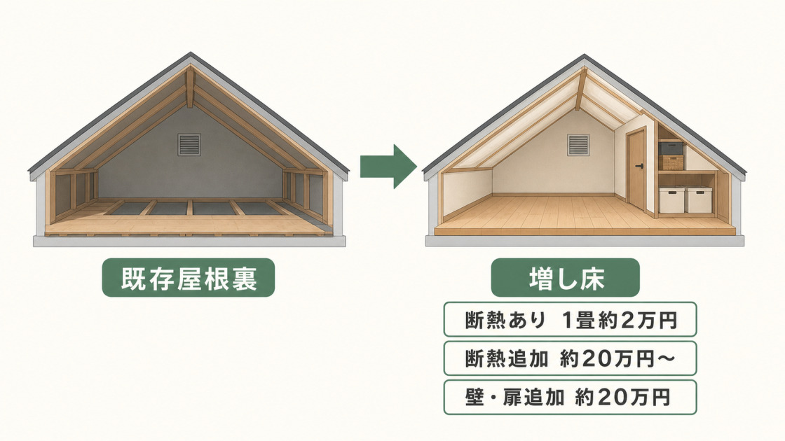 既存屋根裏に増し床を行う場合の費用や断熱・壁・扉追加の目安を示した図解