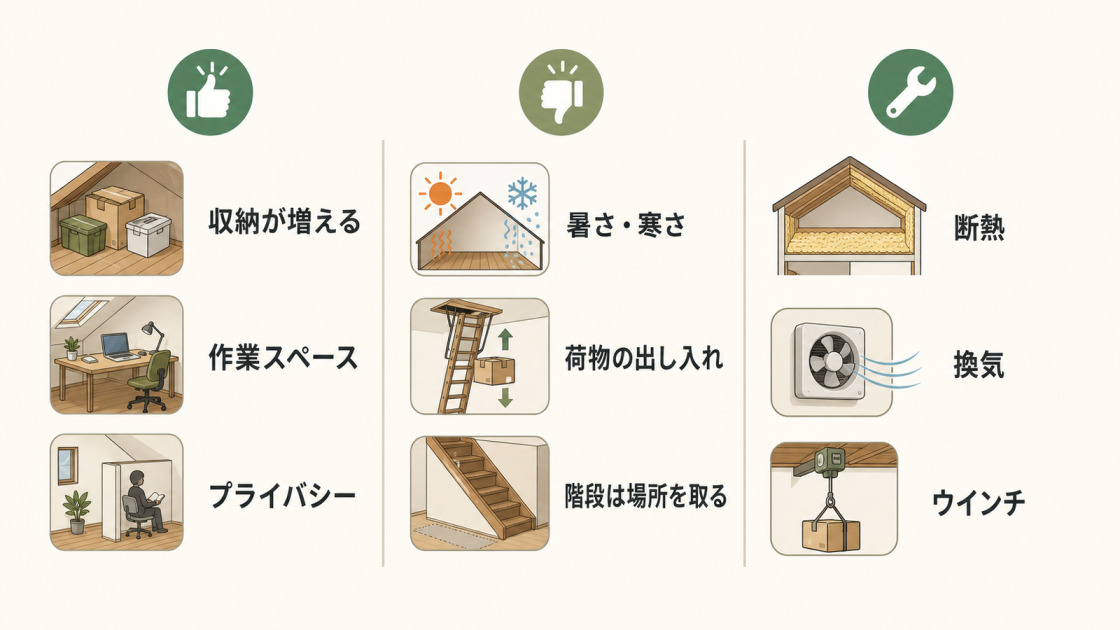 屋根裏部屋増築の収納や作業スペースなどのメリット、暑さ寒さや荷物搬入のデメリット、断熱換気などの対策をまとめた図解