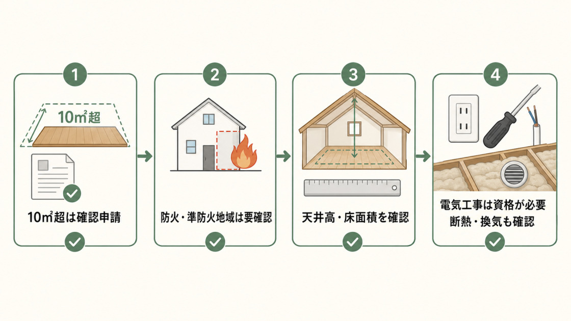 10平方メートル超の確認申請、防火地域、天井高・床面積、電気工事資格、断熱換気の確認ポイントをまとめた図解