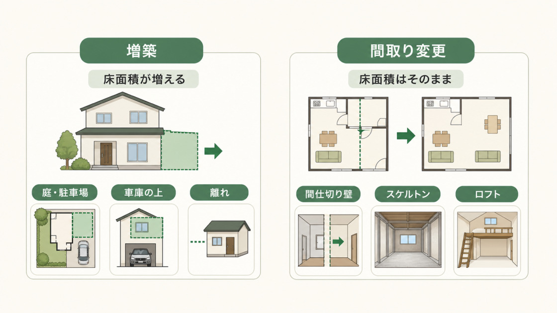 部屋を増やすリフォームの方法として、増築と間取り変更の違いを比較した図解