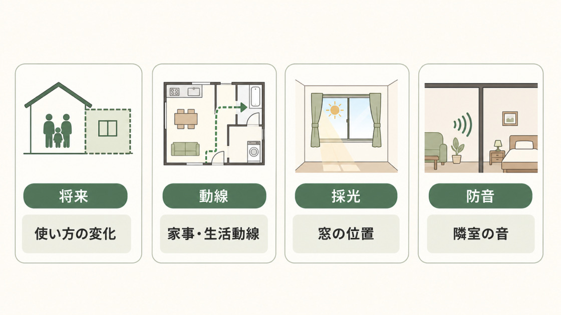 部屋を増やすリフォーム前に確認したい将来の使い方、動線、採光、防音のポイントをまとめた図解