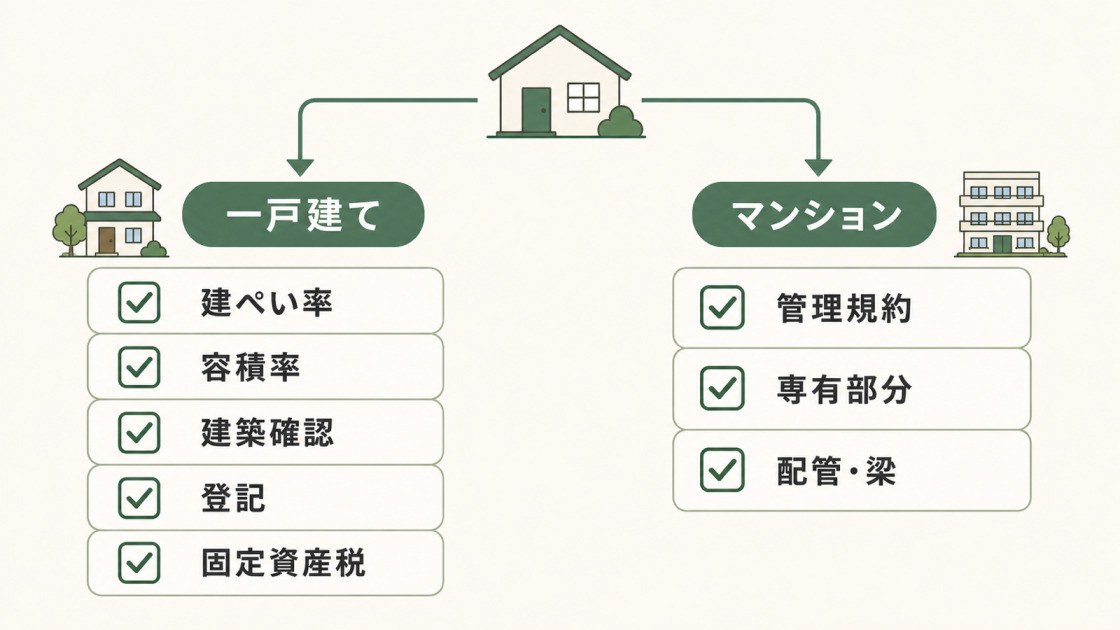 部屋を増やすリフォームで、一戸建ては建ぺい率や建築確認、マンションは管理規約や専有部分を確認する流れを示した図解