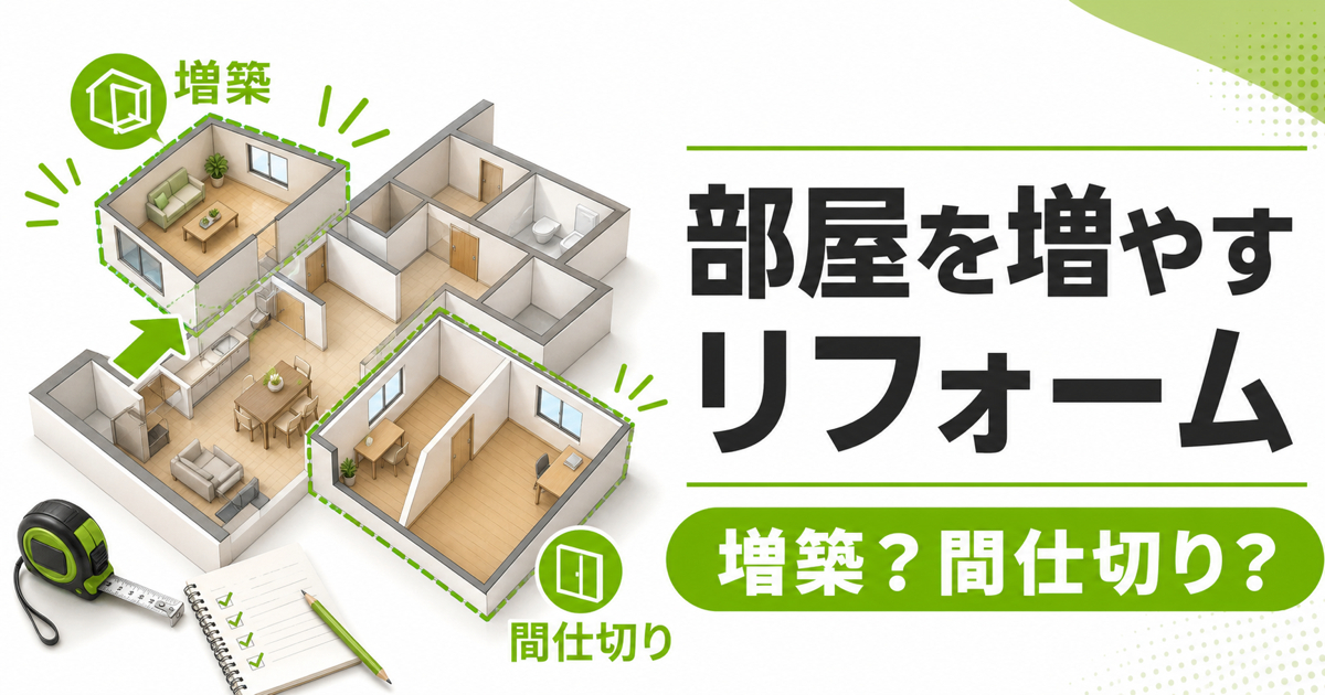 住宅の間取り図で増築と間仕切りを比較し、部屋を増やすリフォームの方法を示すサムネイル