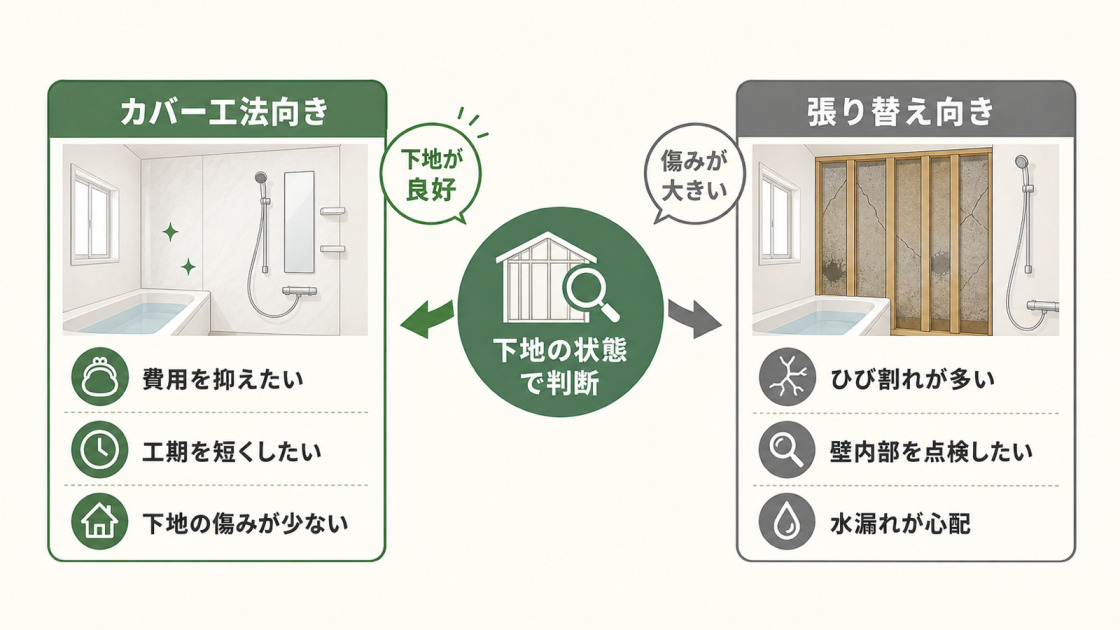 浴室パネルリフォームでカバー工法と張り替えを選ぶ判断ポイントを比較した図解