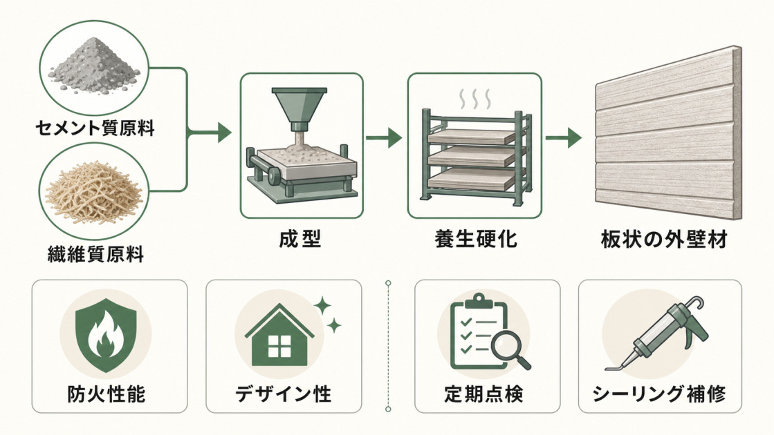 セメント質原料と繊維質原料から窯業系サイディングが作られ、防火性能やデザイン性、定期点検が必要な点を示した図解