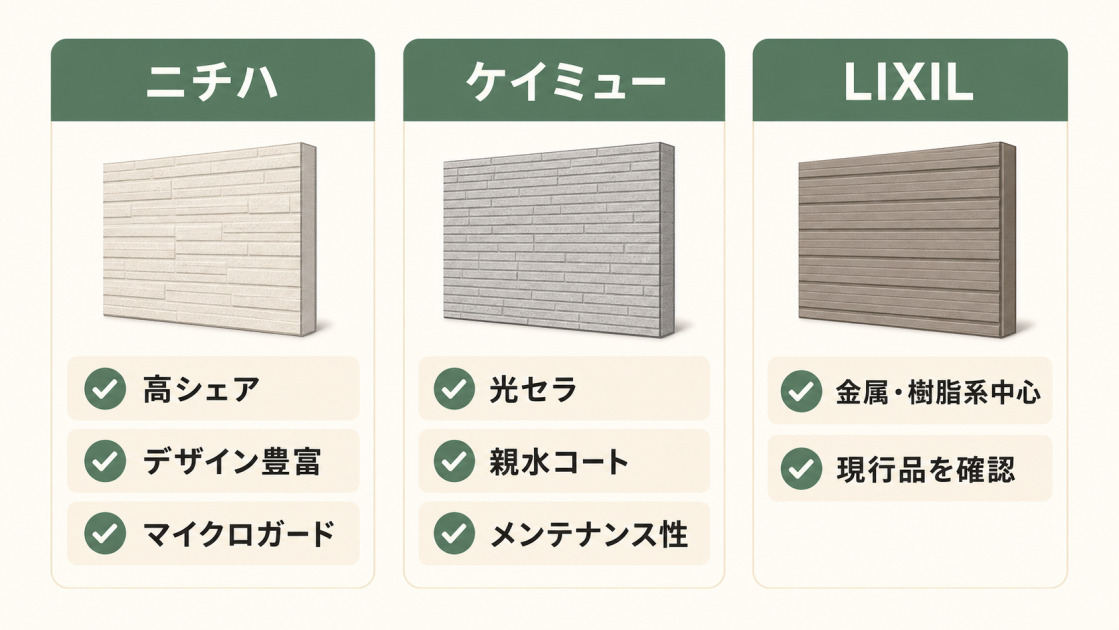 ニチハ、ケイミュー、LIXILの外壁材の特徴を高シェア、光セラ、現行品確認などの観点で比較した図解