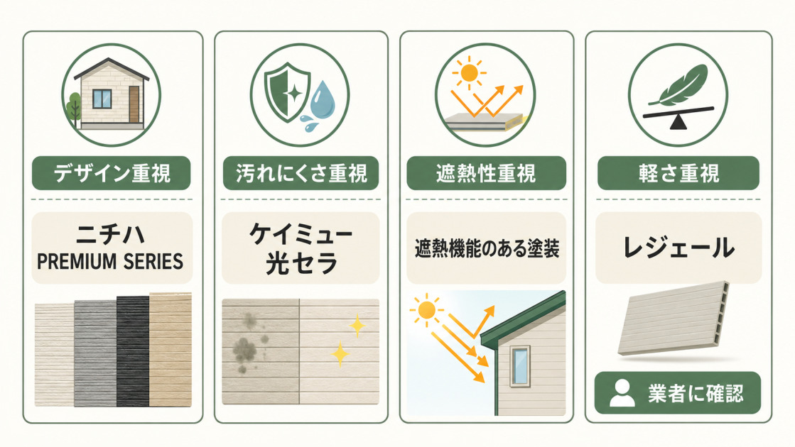 デザイン、汚れにくさ、遮熱性、軽さの目的別に窯業系サイディングの候補を整理した図解