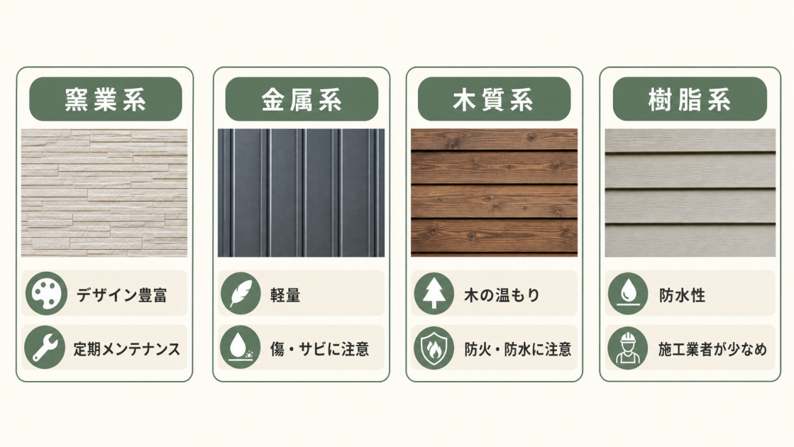 窯業系、金属系、木質系、樹脂系サイディングの特徴と注意点を比較した図解