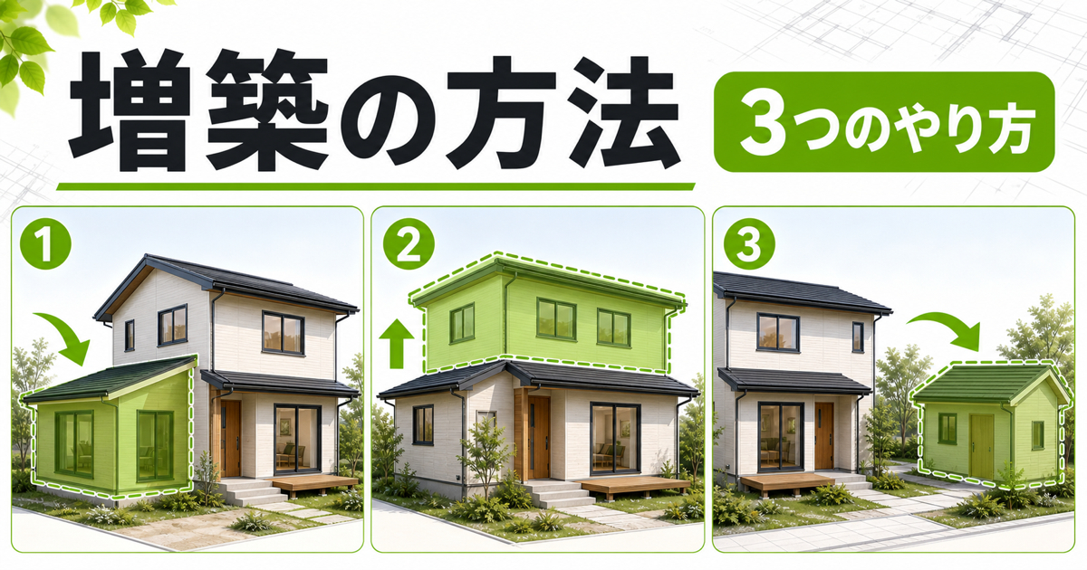 増築の3つの方法(1階の横に広げる、2階に増やす、別棟を建てる)を示したサムネイル画像