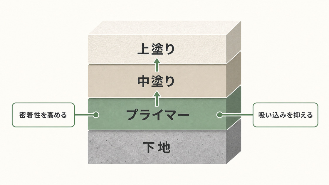 下地、プライマー、中塗り、上塗りの層構造とプライマーの役割を示した図解