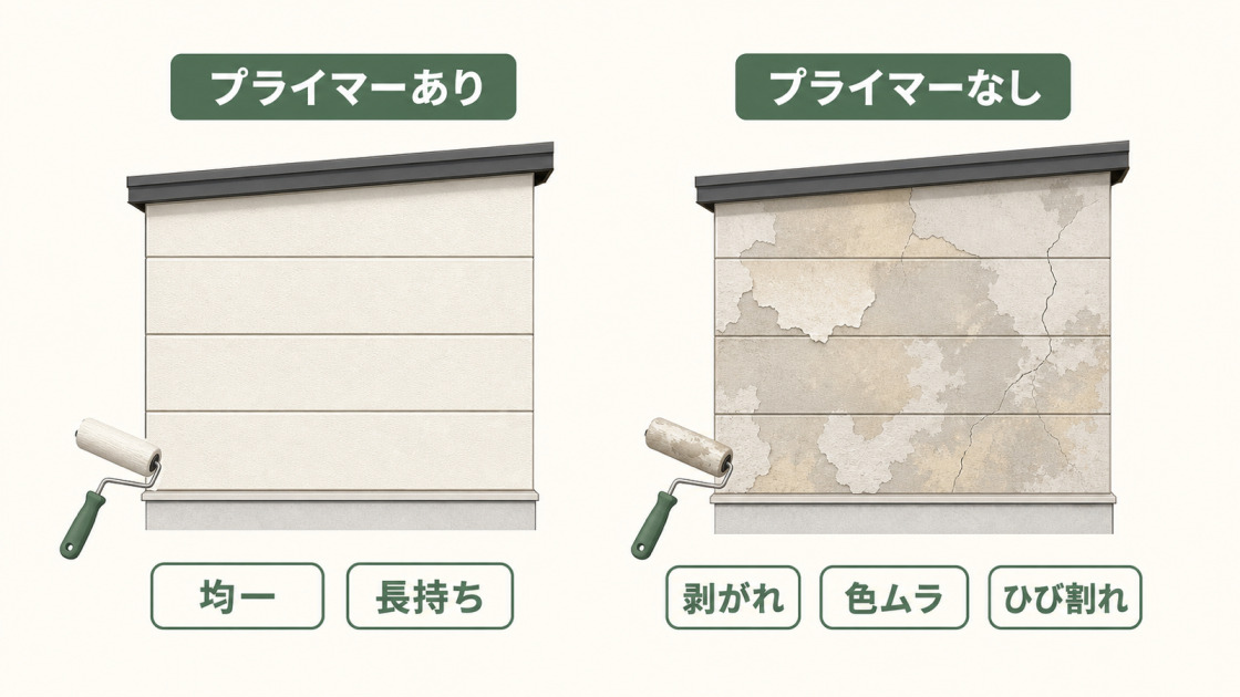プライマー塗装の有無による外壁の仕上がりと剥がれや色ムラの違いを比較した図解