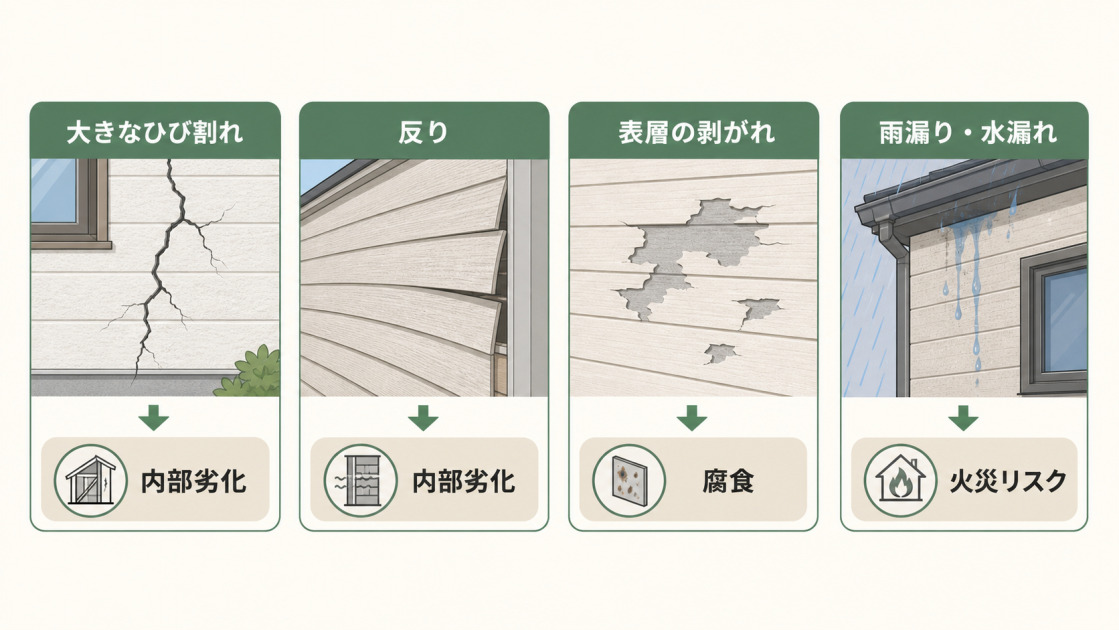 大きなひび割れ、反り、表層の剥がれ、雨漏り・水漏れなどサイディング張り替えを検討すべき劣化症状を示した図解