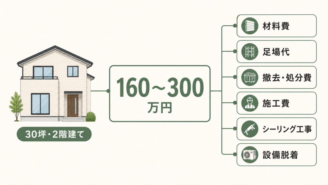 30坪2階建てのサイディング張り替え費用160〜300万円と材料費、足場代、撤去処分費などの内訳を示した図解