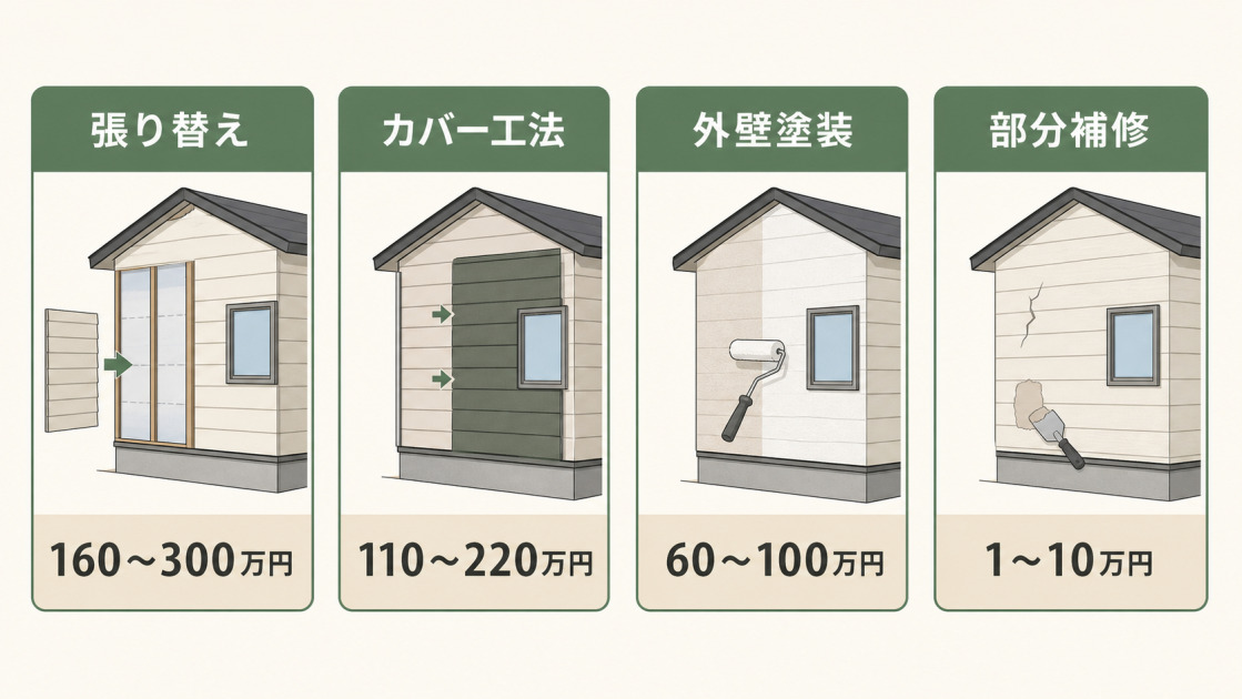 サイディング張り替え、カバー工法、外壁塗装、部分補修の費用相場を比較した図解