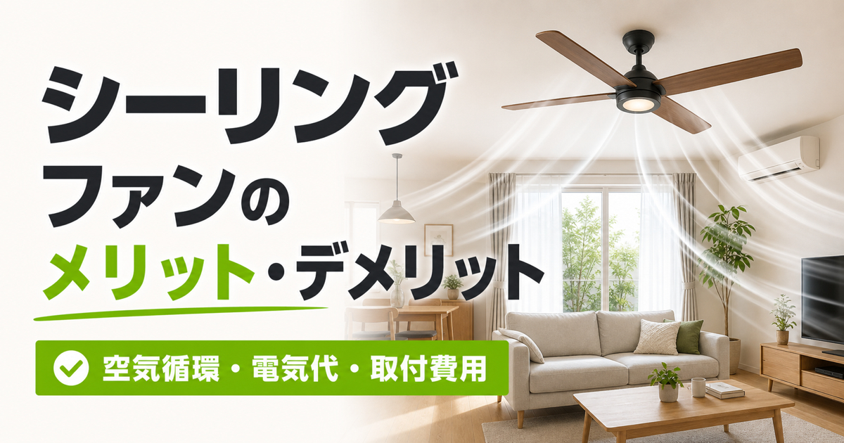 シーリングファンを設置した明るいリビングと空気循環を示すサムネイル