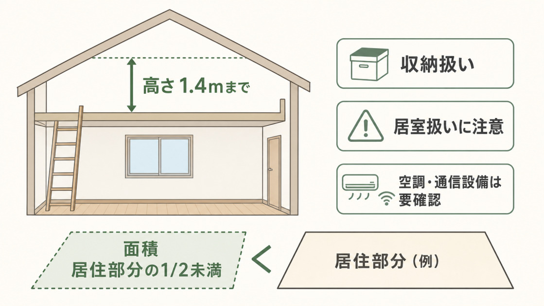 ロフトの高さは1.4mまで、面積は居住部分の2分の1未満が目安であることを断面図で示した図解