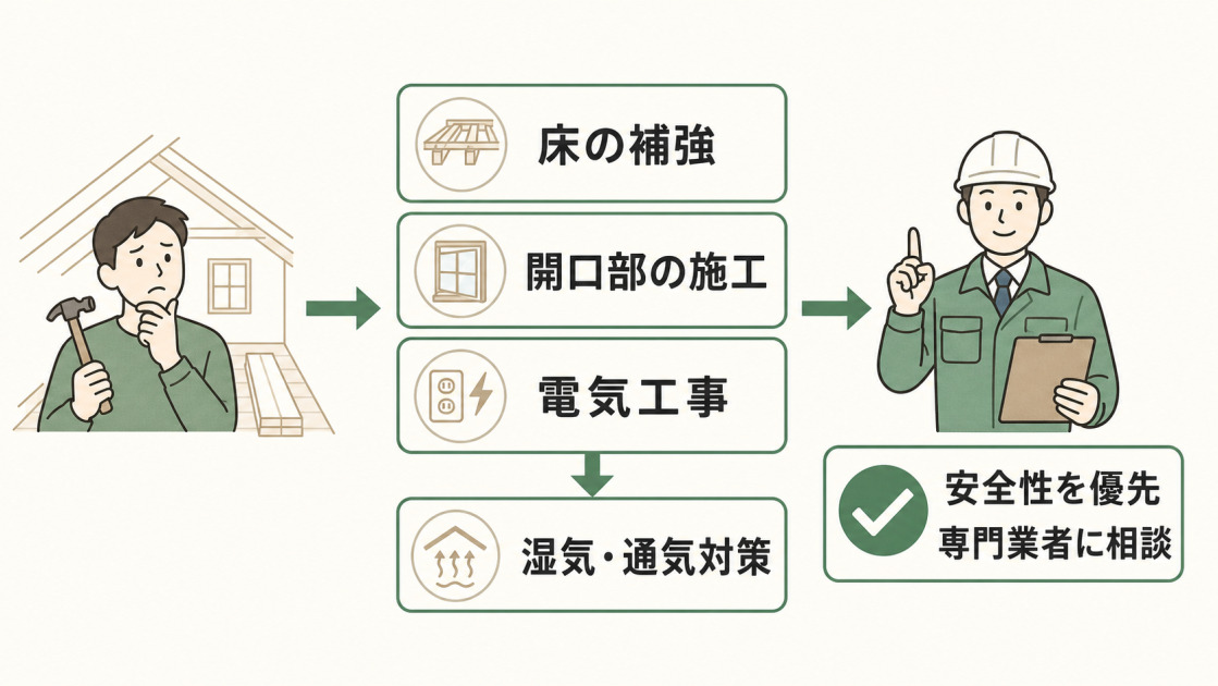 ロフトや小屋裏収納のDIYでは床の補強、開口部の施工、電気工事、湿気や通気対策が必要になることを示した図解