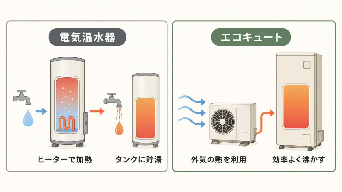 電気温水器はヒーターで加熱し、エコキュートは外気の熱を利用してお湯を沸かす違いを示した図解