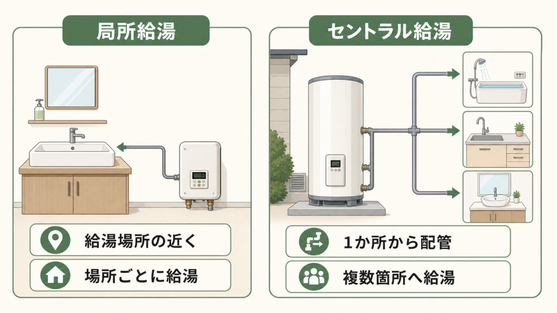 局所給湯は給湯場所の近くに設置し、セントラル給湯は1か所から複数箇所へ配管する違いを示した図解