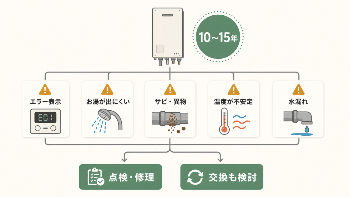 電気温水器の寿命目安である10〜15年と、エラー表示や水漏れなどの故障サインをまとめた図解