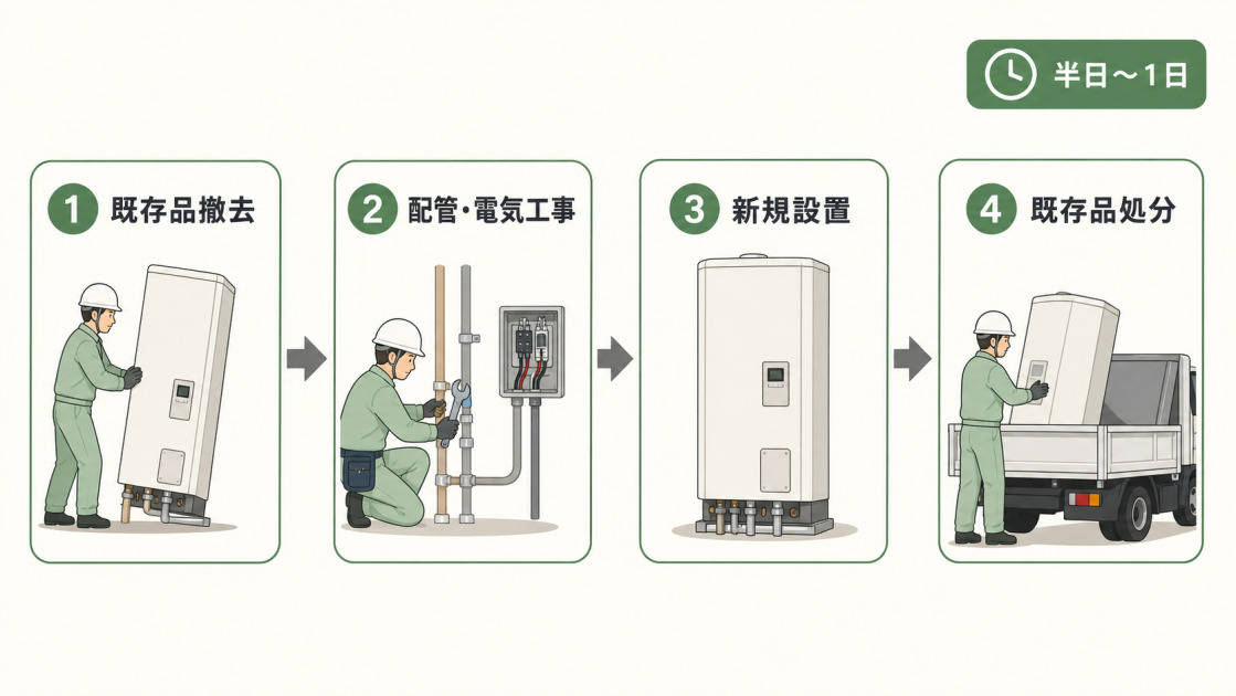 電気温水器の既存品撤去から配管・電気工事、新規設置、既存品処分までの流れを示した図解
