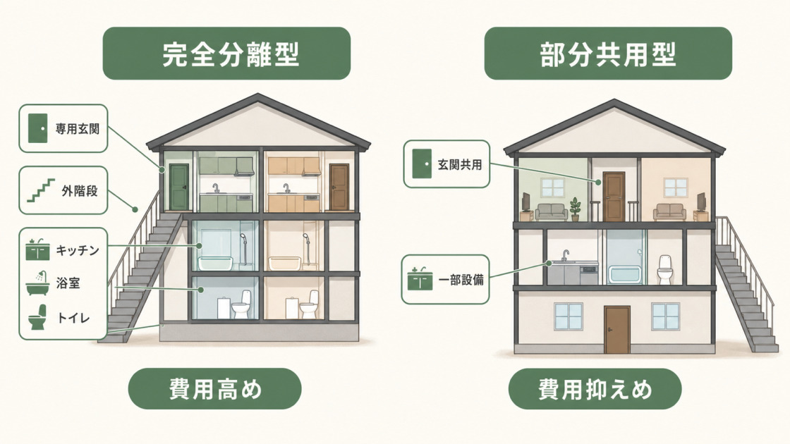 二階だけをリフォームして二世帯住宅にする場合の完全分離型と部分共用型の違いを、専用玄関や外階段、水回り設備の有無で比較した図解