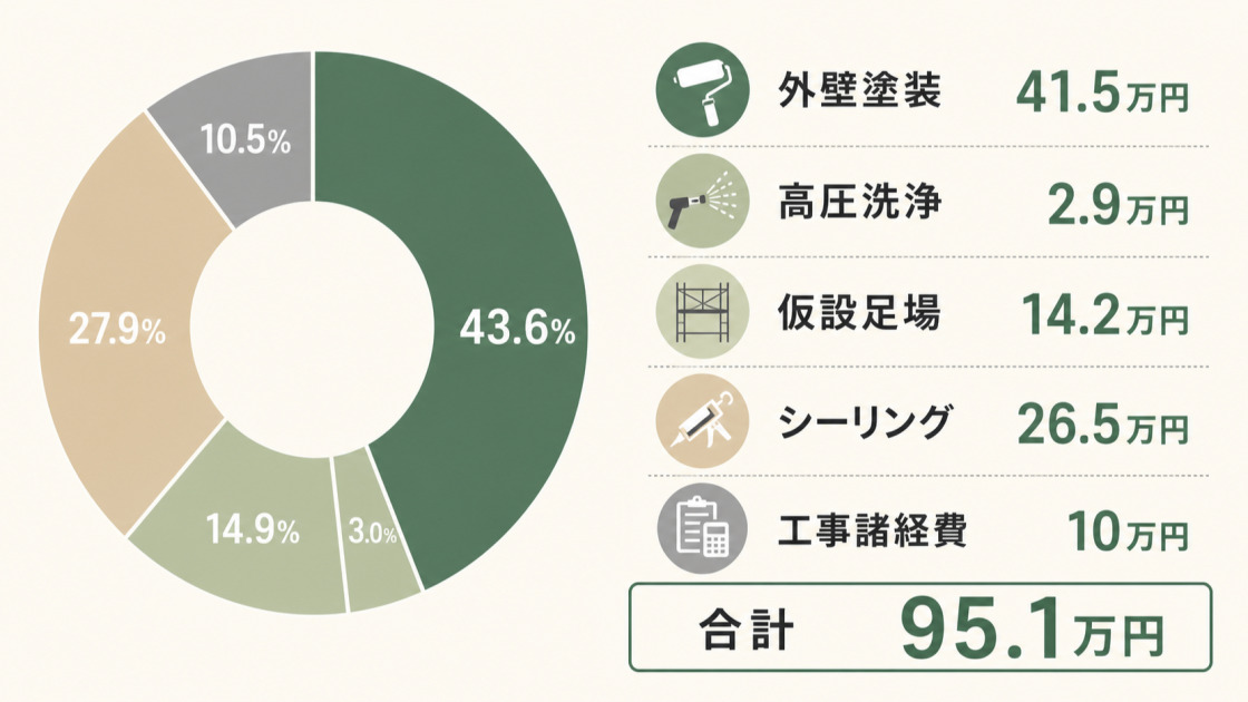 30坪住宅の外壁塗装費用95.1万円の内訳として外壁塗装、高圧洗浄、仮設足場、シーリング、諸経費を示した図解