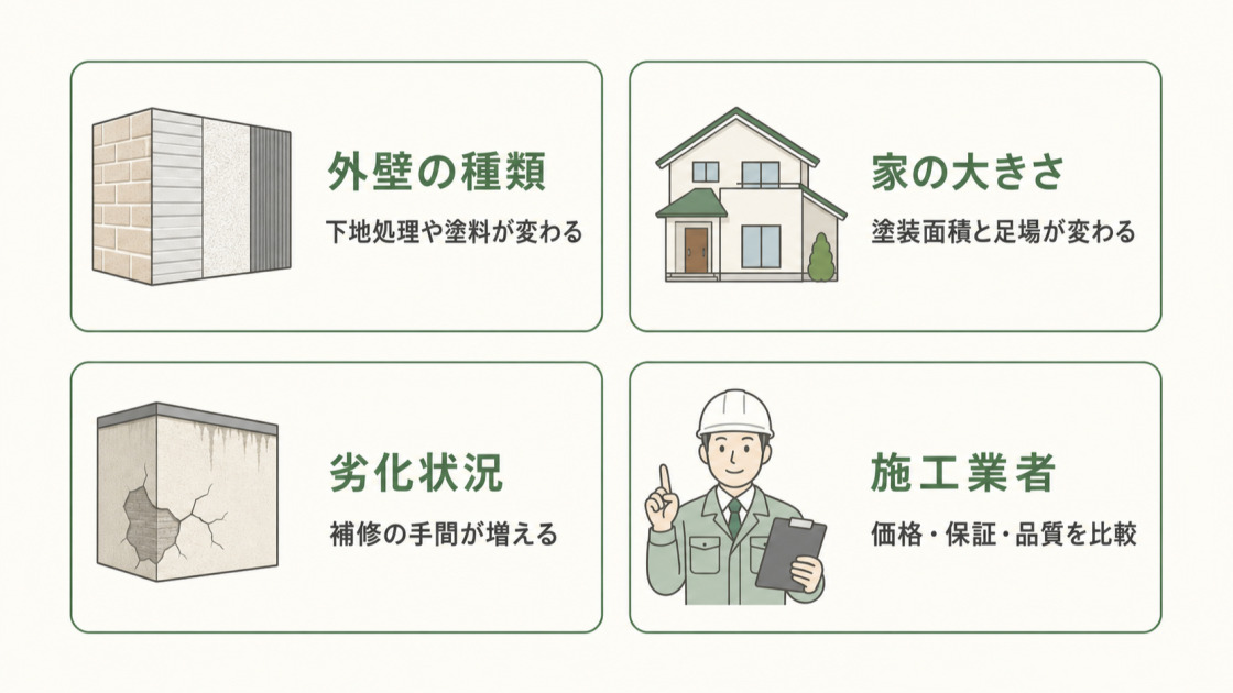 外壁の種類、家の大きさ、劣化状況、施工業者によって外壁塗装費用が変わることを説明する図解